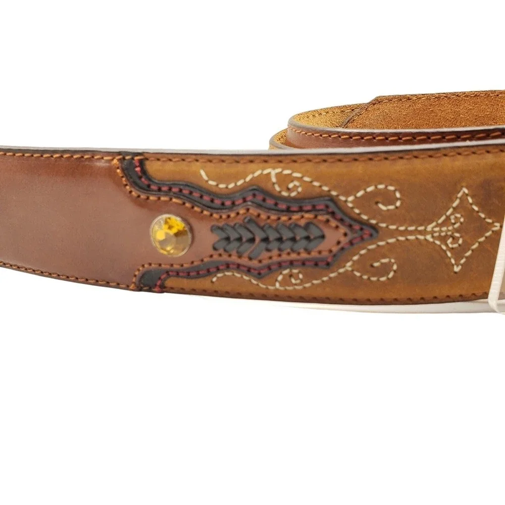 Tony Lama Brown Leather Belt 36 Topaz Crystal Stud Western Overlay Stitched Boho